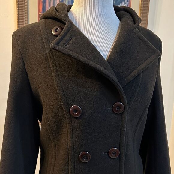 Preston & York Women's Dark Brown Double-Breasted Hooded Wool Coat Size 6 - Picture 3 of 12